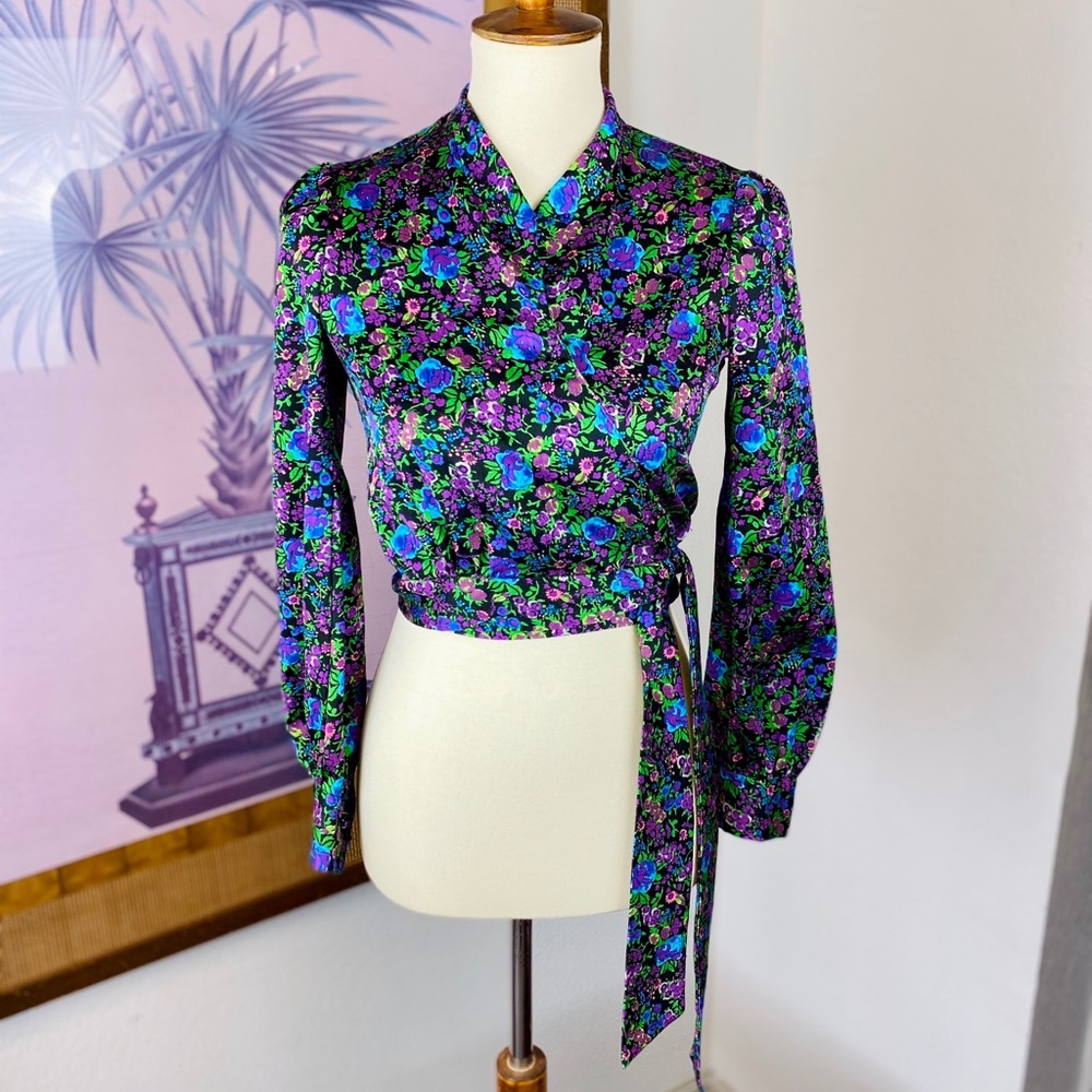 Long Sleeve Wrap Crop Top with Waist Tie 70s XS/S